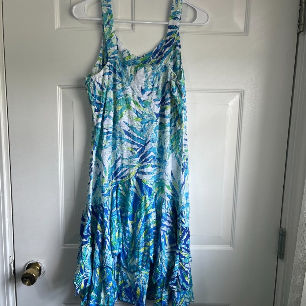 Tango Mango Tropical Palm Leaf Coasta Jungle Blue and Green Sundress Size Medium - Picture 2 of 12